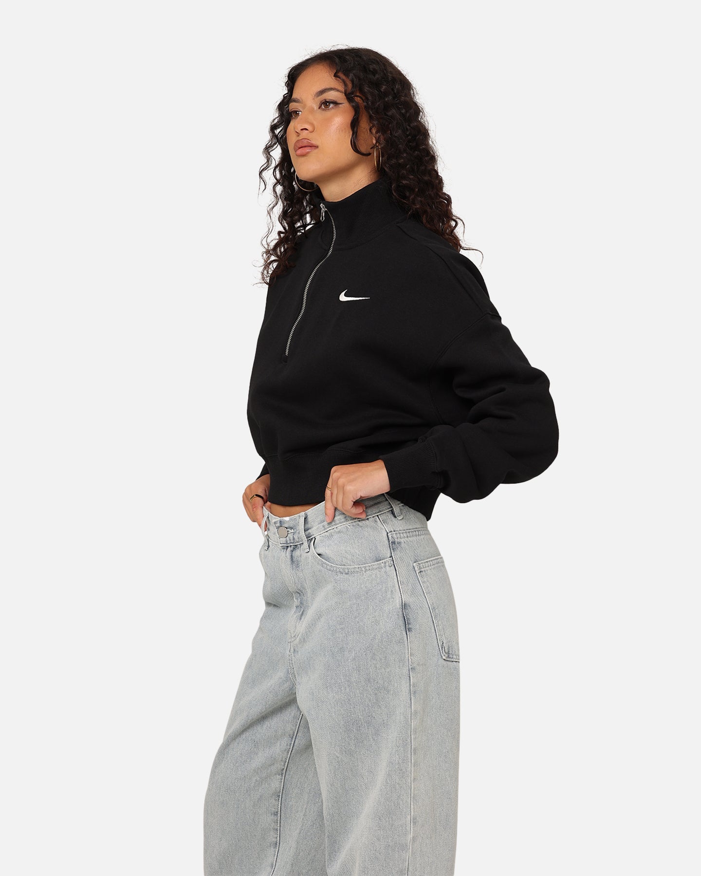 Dámske športové oblečenie Nike Phoenix Fleece orezané napoly zipsová mikina čierna/plachta