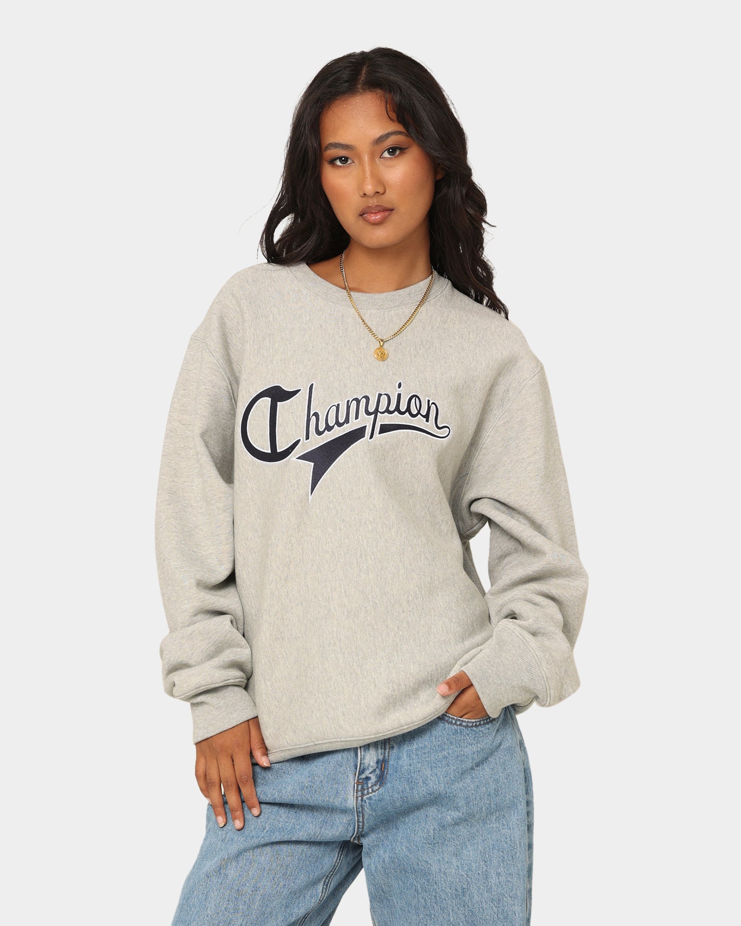 Čempionas atvirkštinis pynimas kursyvinis logotipas Crewneck Oxford Heather