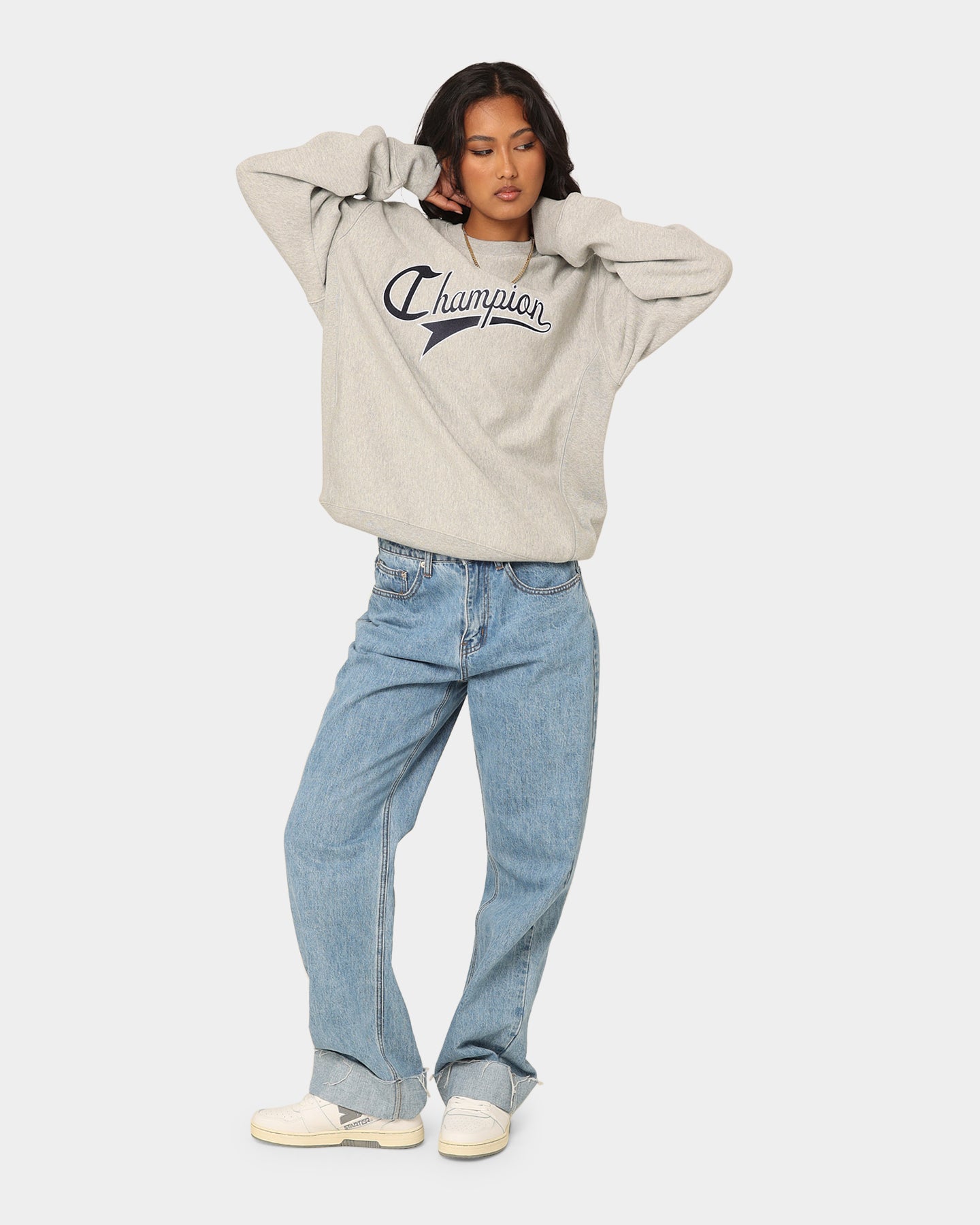 Champion Reverse Weave Cursive Logo CrewNeck Oxford Heather