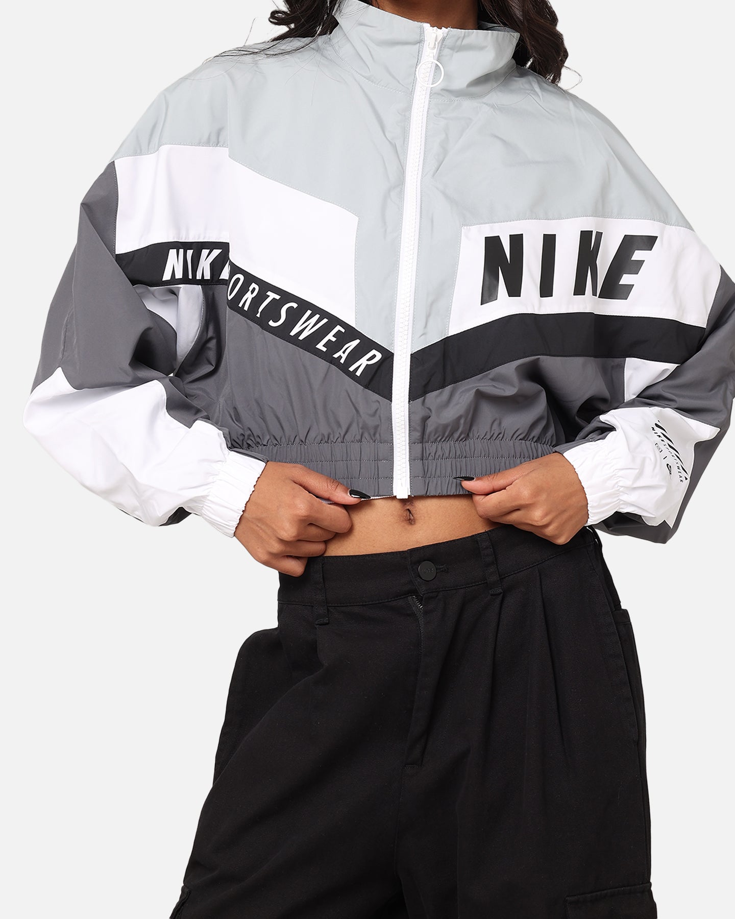 Nike dames sportkleding geweven straatjack ijzergrijs/licht puim/wit