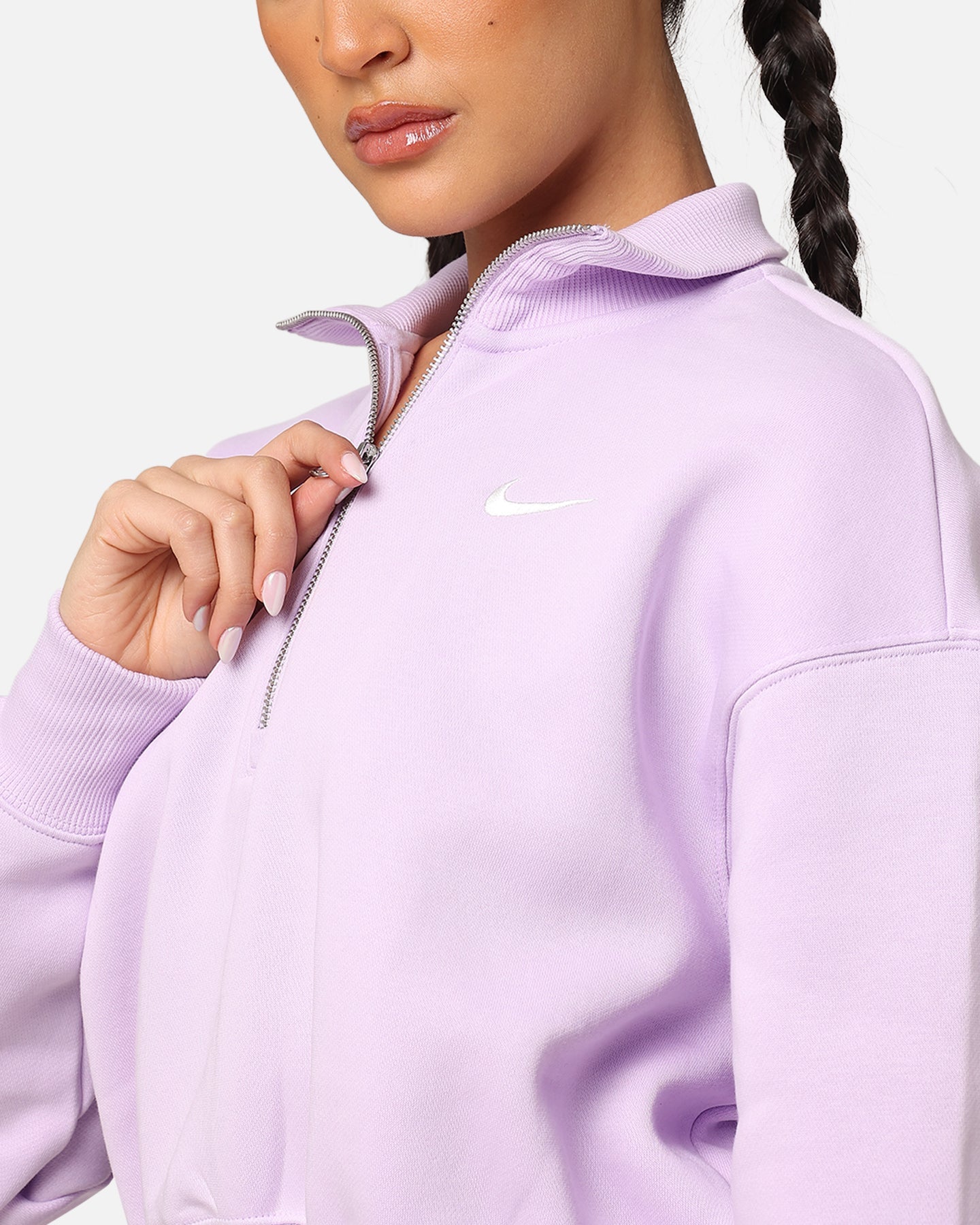 „Nike“ moterų sportinė apranga „Pheonix Fleece“ apkarpyta pusės užtrauktuko megztinis violetinis rūkas/burė