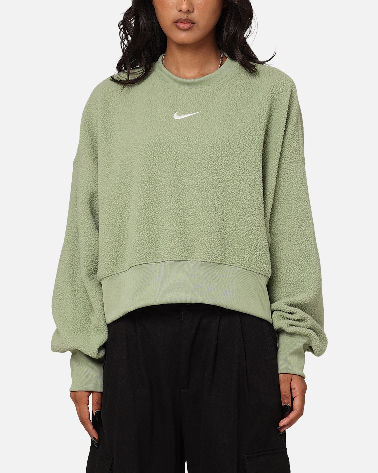 Nike Women's Sportskear Plush Mod Mod Croppeted Crewneck Oil Green/Sail