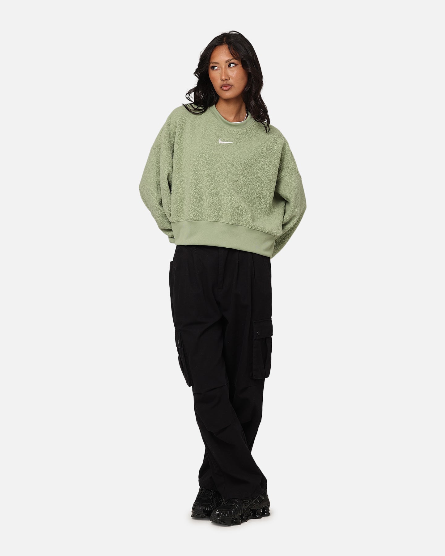 Nike dames sportkleding pluche mod bijgesneden crewneck -olie groen/zeil