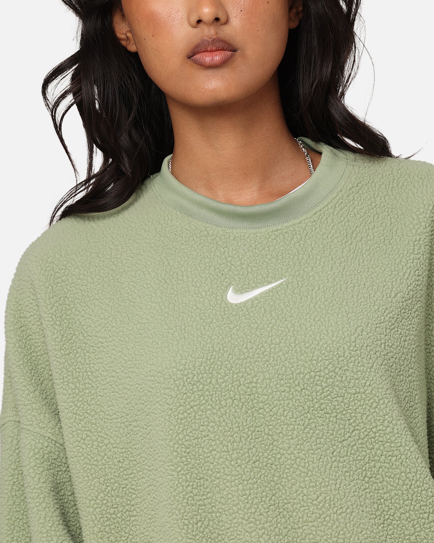 Nike dames sportkleding pluche mod bijgesneden crewneck -olie groen/zeil