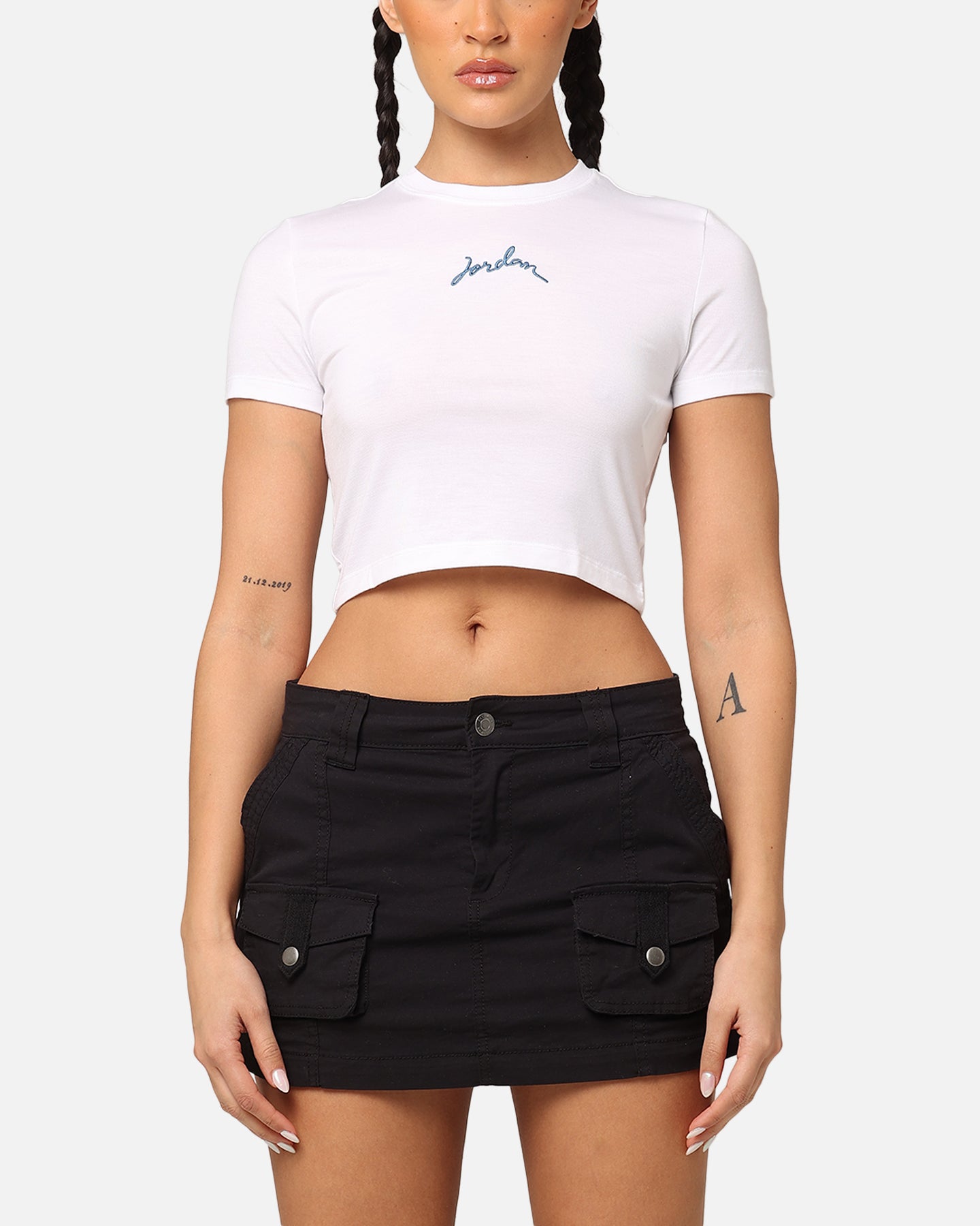 Jordan Damen Kurzarm Grafik Slim Crop T-Shirt Weiß/Industrial