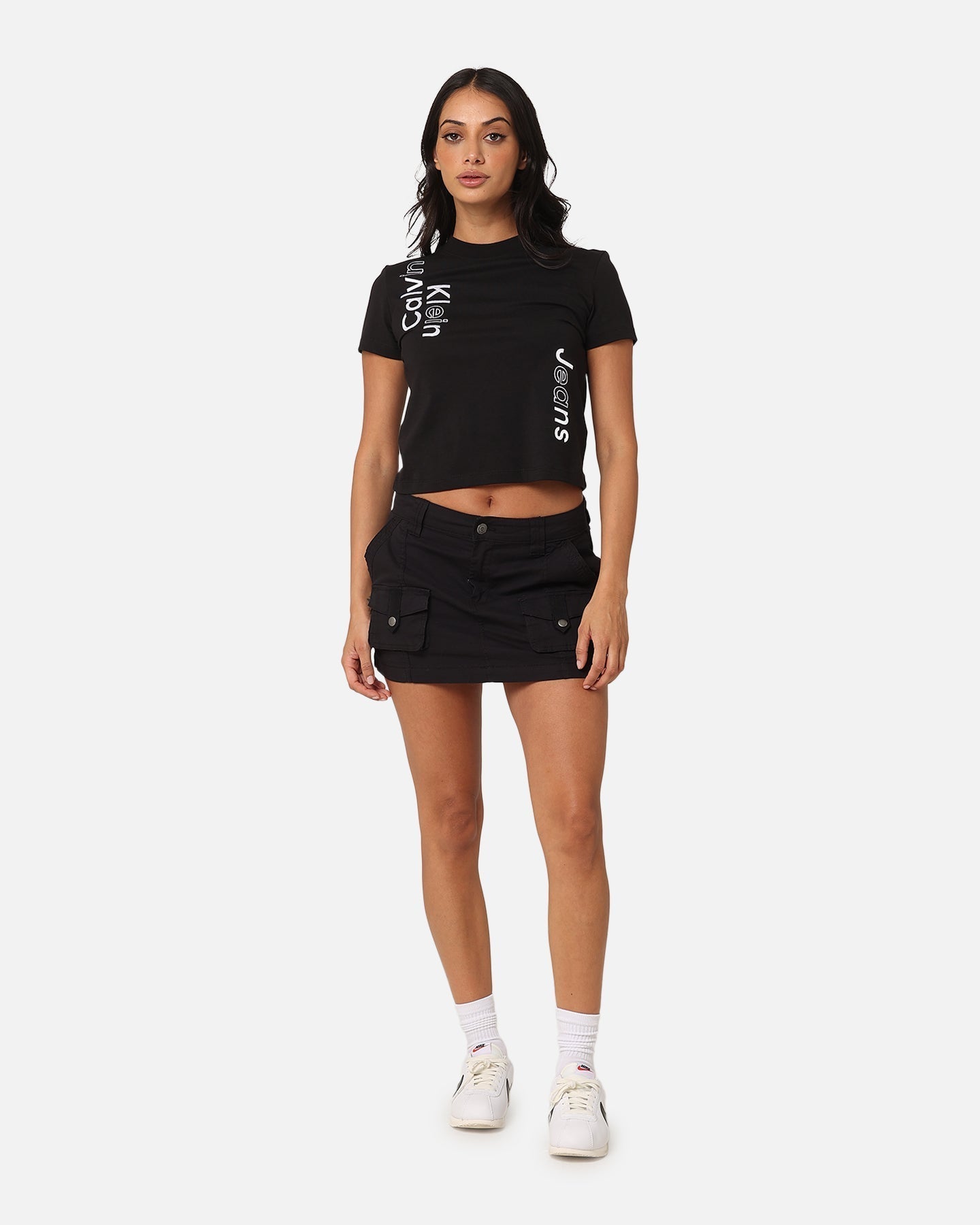 Calvin Klein Women's Multi Placement Logo Baby T-Shirt Black