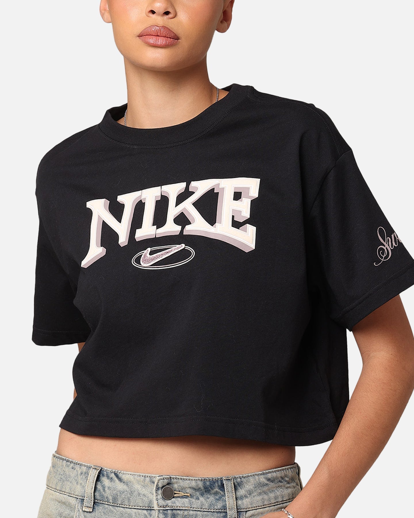 Nike dames sportkleding losse varsity bijgesneden t-shirt zwart